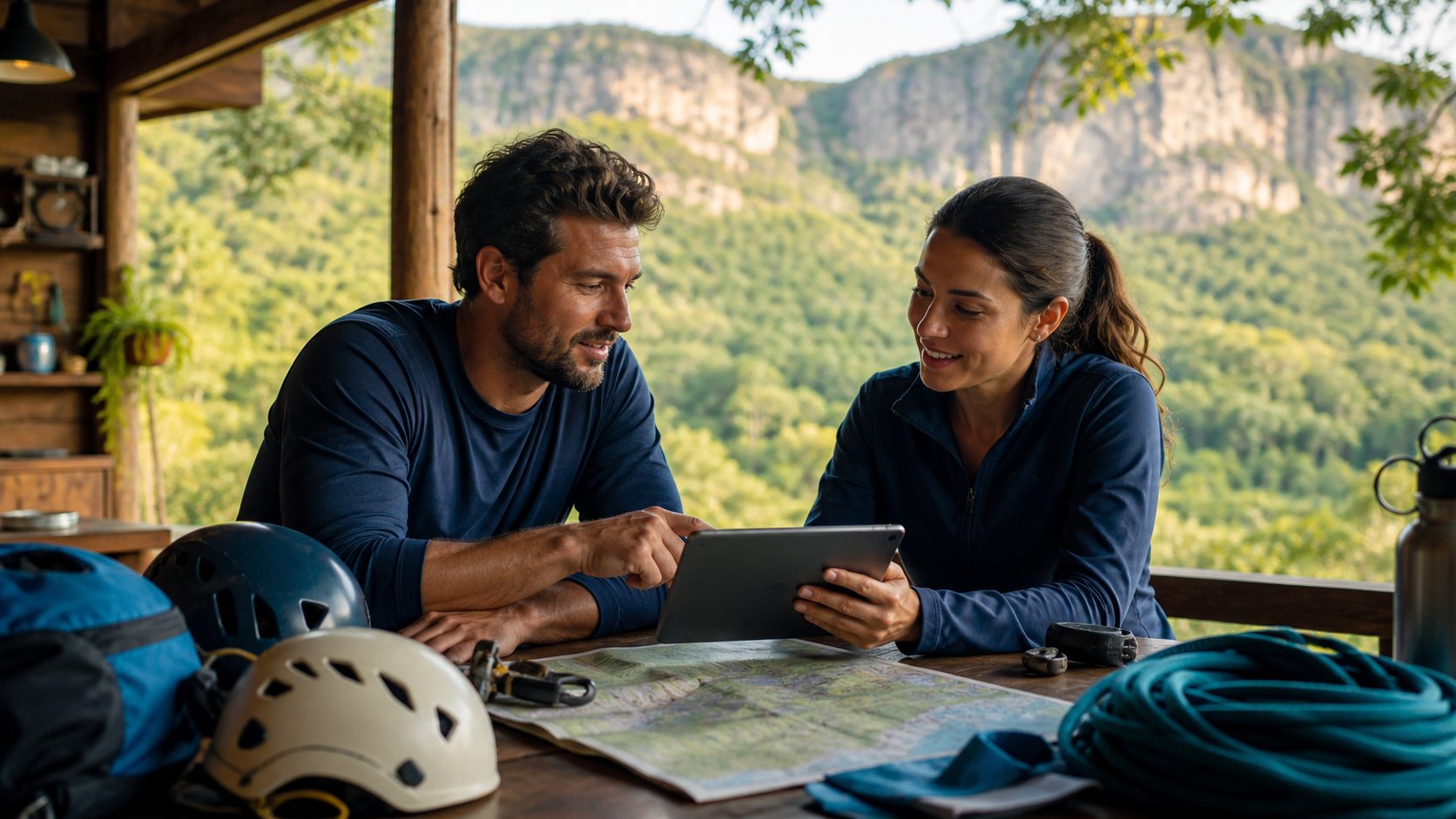 Profissionais de turismo de aventura conversando sobre uma operação com apoio de um tablet