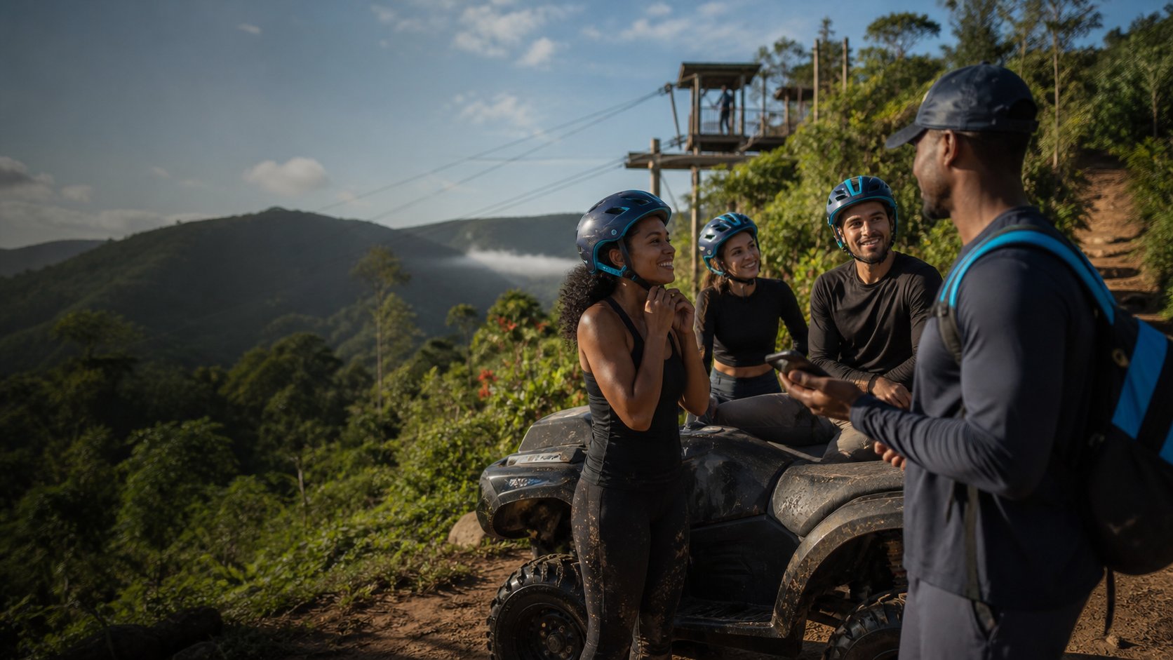 Grupo se preparando para atividades de aventura com quadriciclo e apoio digital da equipe