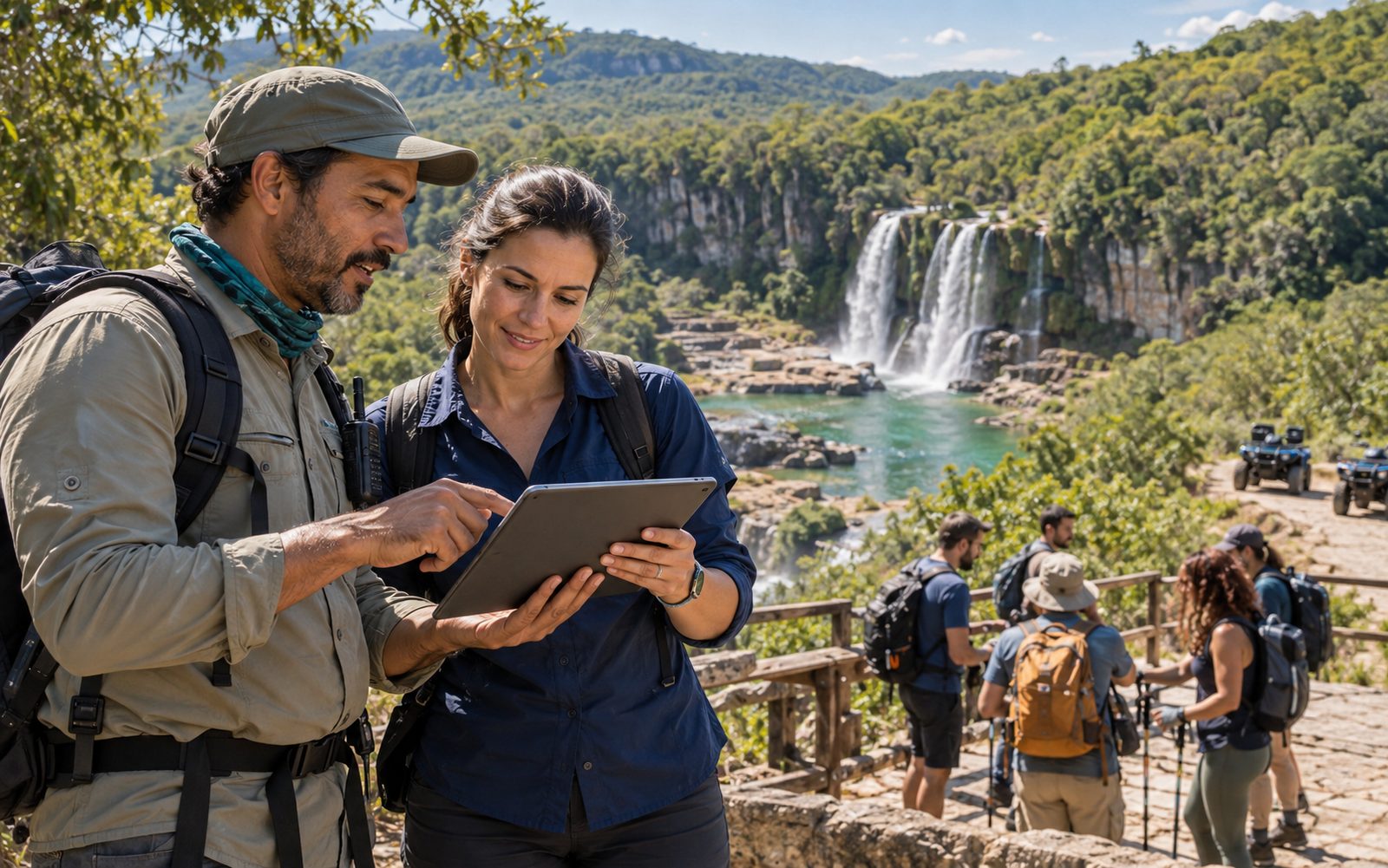 Guia e gestora de turismo acompanhando uma operação de visitantes em um destino de natureza