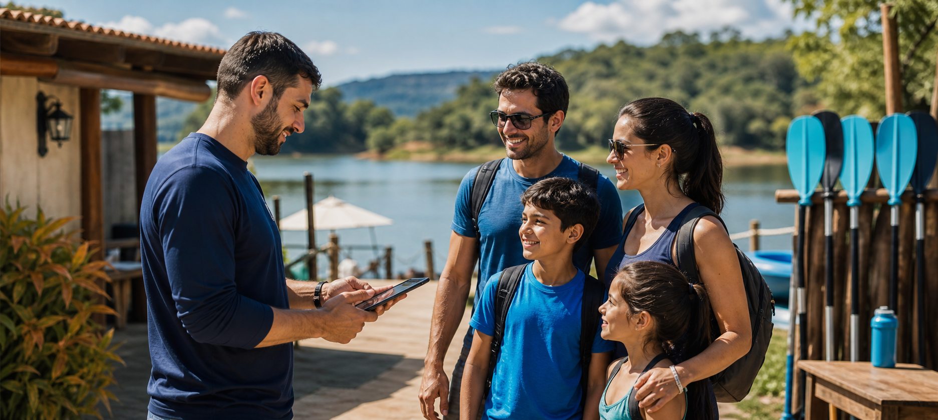 Visitantes em resort antes de atividade ao ar livre com check-in pelo celular