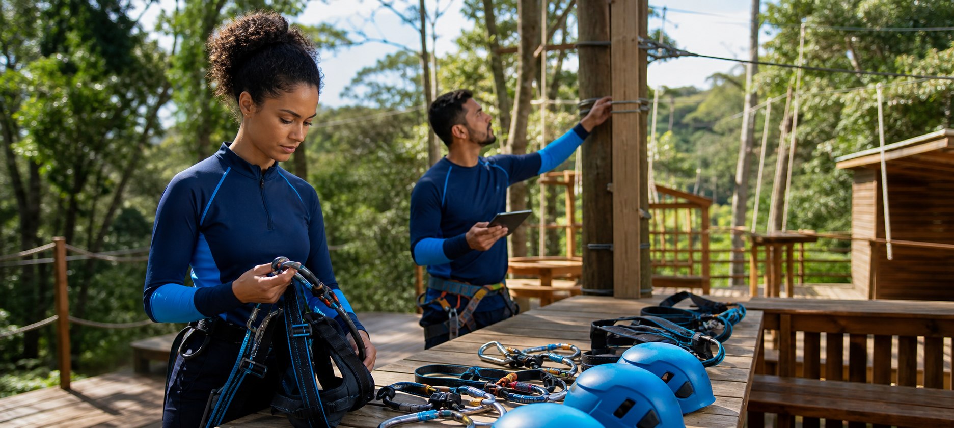 Equipe de aventura inspecionando equipamentos e estrutura antes da operação